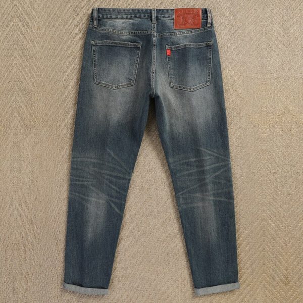Men Trendy Letters Selvage Denim Pants Autumn Winter Straight Leg Selvedge Jeans Retro Mens Light Wash 2