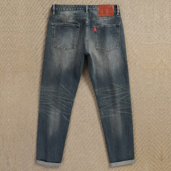 Men Trendy Letters Selvage Denim Pants Autumn Winter Straight Leg Selvedge Jeans Retro Mens Light Wash Selvedge Denim Trousers - Image 3
