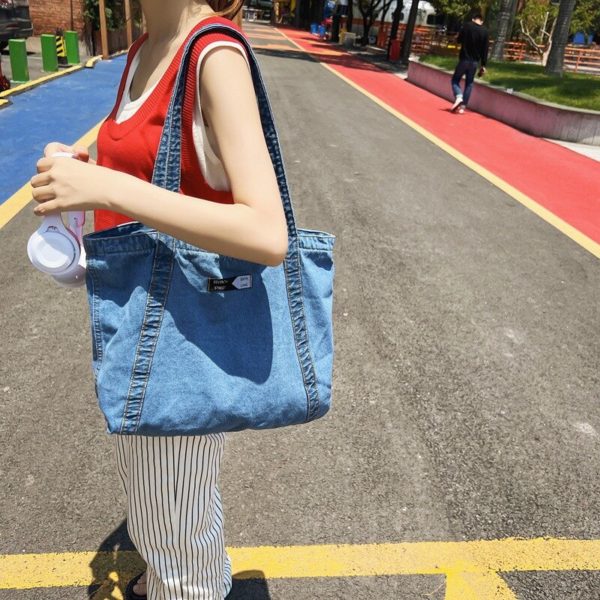 New Ins Japanese Fashion Jeans Bag Versatile Big Denim Designer Bag Student School Canvas Bag Women's Denim Shoulder Bag 9058 - Image 2