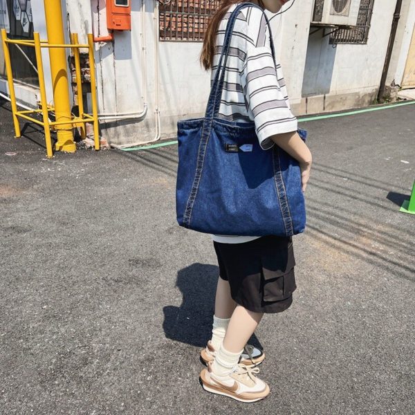 New Ins Japanese Fashion Jeans Bag Versatile Big Denim Designer Bag Student School Canvas Bag Women's Denim Shoulder Bag 9058 - Image 3