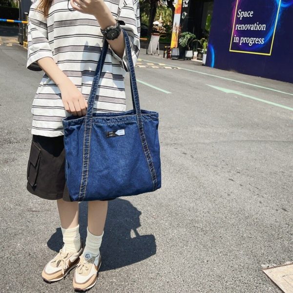 New Ins Japanese Fashion Jeans Bag Versatile Big Denim Designer Bag Student School Canvas Bag Women's Denim Shoulder Bag 9058 - Image 5