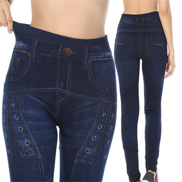 Popular Seamless Leggings Women Blue Denim Leggings Pants New Print Sports Imitation Denim Leggings With Button-hole - Image 2