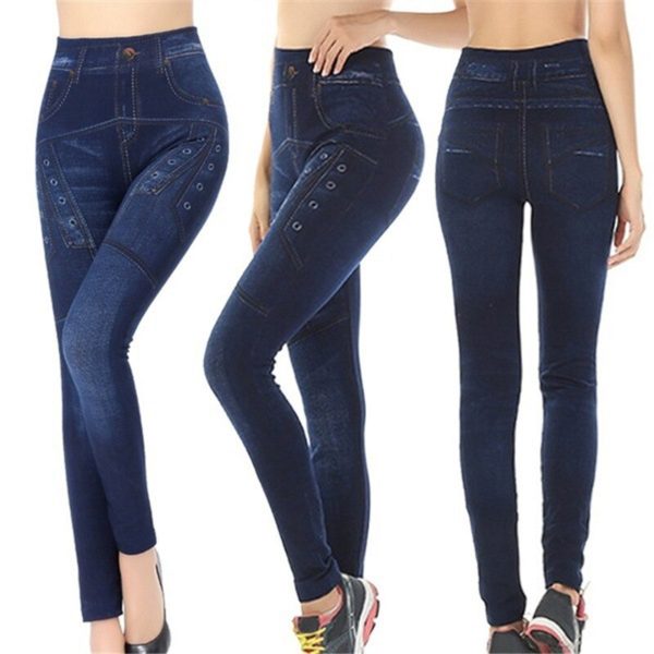 Popular Seamless Leggings Women Blue Denim Leggings Pants New Print Sports Imitation Denim Leggings With Button-hole - Image 3