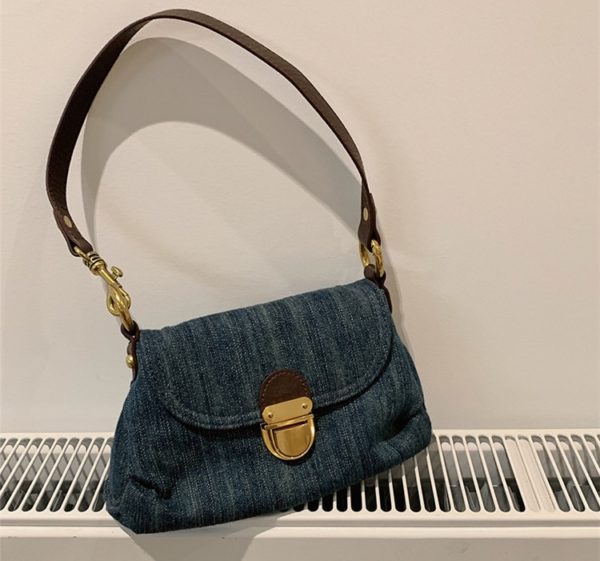 Vintage Denim Bag Lock Catch Women Jean Purse Luxury Denim Shoulder Bag Niche Ladies Medieval Ruffle