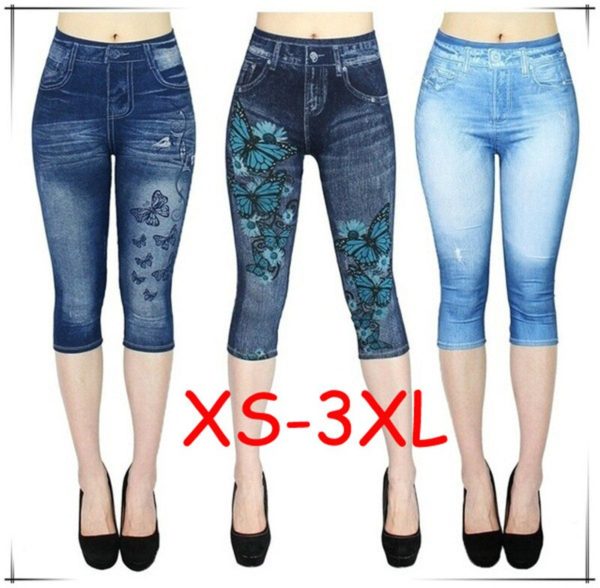 Women Denim Print Short Leggings Ladies Sexy Christmas Leggings Butteryfly Yoga Trousers High Waisted Yoga Pants 1