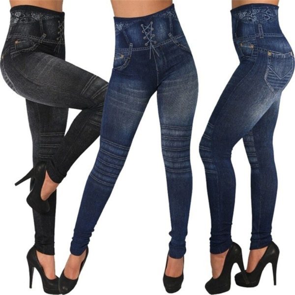 Women's Denim Jean High Waisted Leggings Seamless Cotton Leggings Ladies Sexy Yoga Pants Blue Yoga Trousers - Image 2