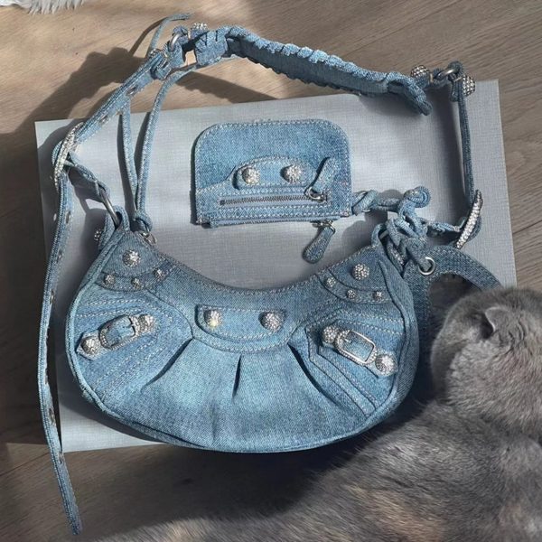Shiny Diamonds Locomotive Bag Bling Bling Hot Drilling Mirror And Card Denim Shoulder Bag Motorcycle All-match Denim Handbags - Image 2