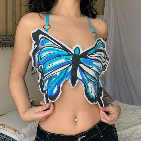 Street Trendy Hot Denim Bra Girls Sexy Butterfly Denim Vest With Strapping Halter Top - Image 2