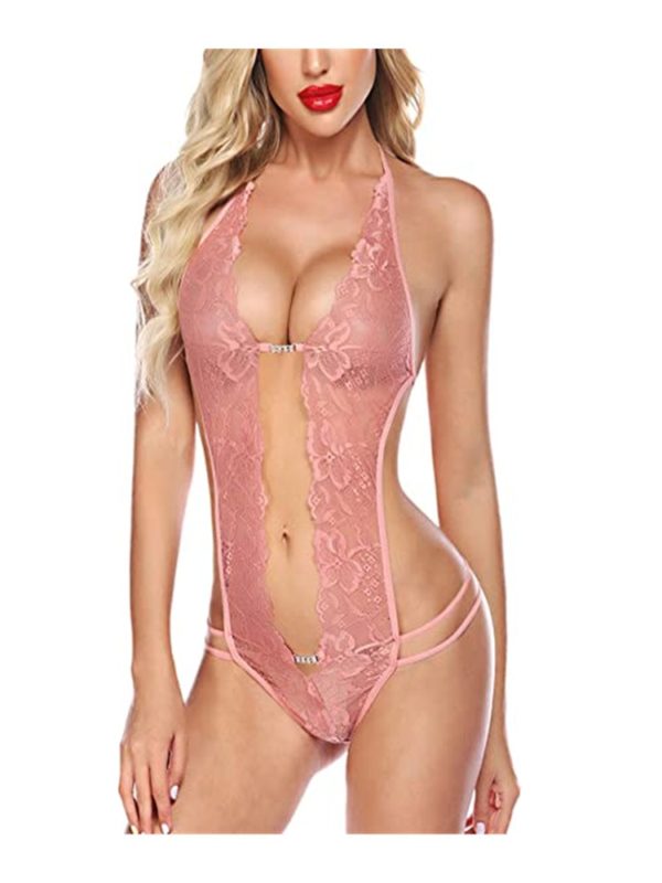 Women Pink Lingerie Sale Sexy Lace Bodysuit Deep V Teddy Babydoll Lingerie XS-XXXL
