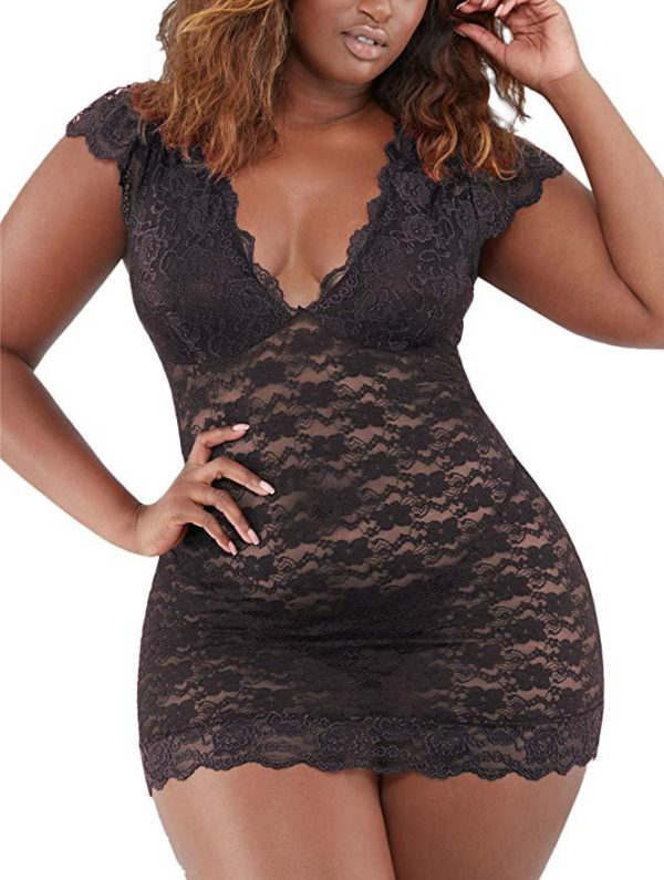 Plus Size Womens Sexy Lingerie Chemise Floral Lace Pink Underwear Bodysuit Mesh Babydoll Sleepwear - Image 2