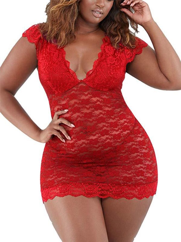 Plus Size Womens Sexy Lingerie Chemise Floral Lace Pink Underwear Bodysuit Mesh Babydoll Sleepwear - Image 4