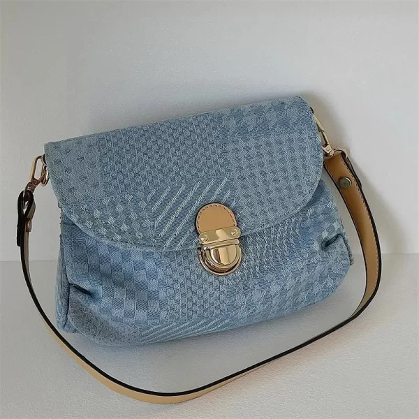 Light Blue Denim Bag Woman 2023 New Retro Locking Denim Handbags Niche Fashion Printed Denim Shoulder Bag - Image 2